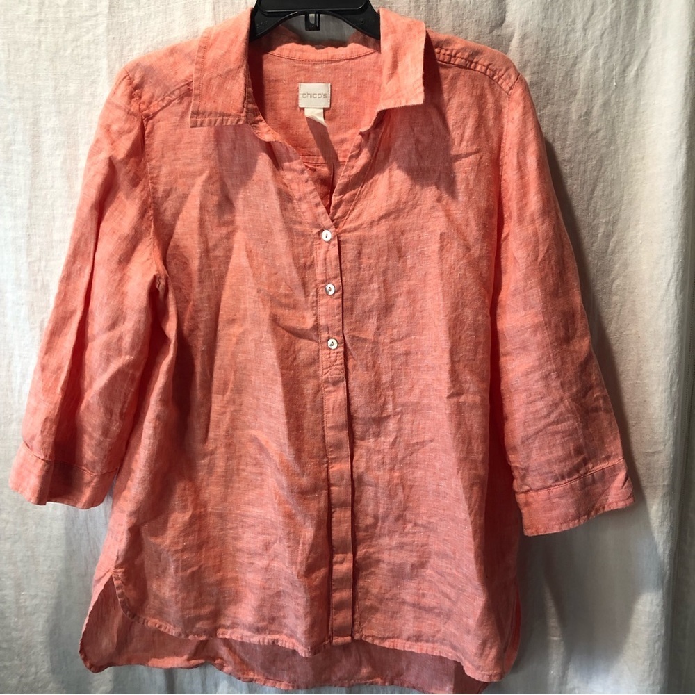 Chicos 💯 linen salmon peach woven button down 3/4 sleeve v neck size M-L